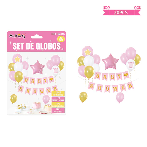 Set de globos látex y guirnalda baby shower rosado 20pcs
