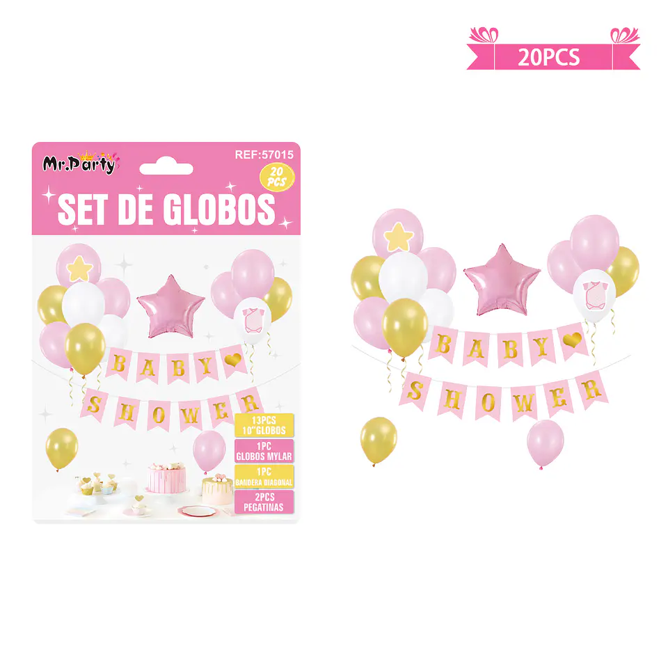 Set de globos látex y guirnalda baby shower rosado 20pcs 1