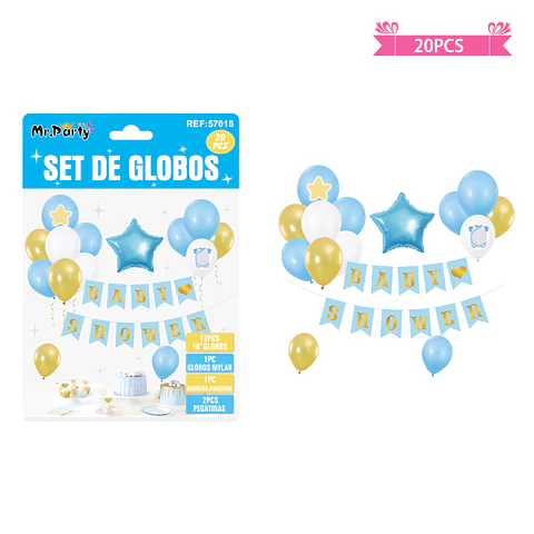 Set de globos látex y guirnalda baby shower celeste 20pcs
