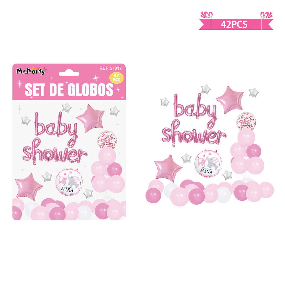 Set de globos látex con frases baby shower rosado 42pcs