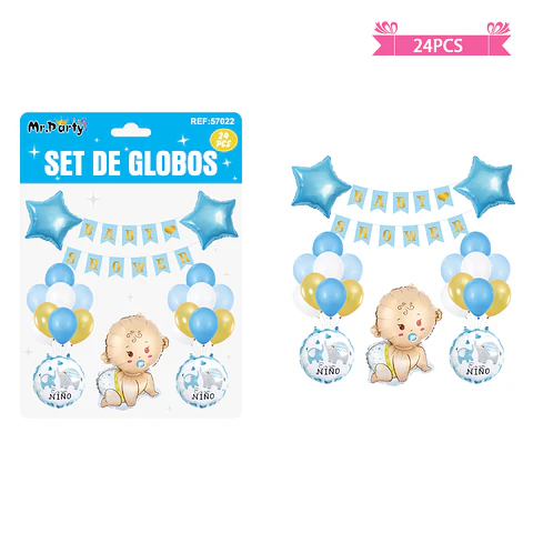 Set de globos látex y guirnalda baby shower celeste 24pcs