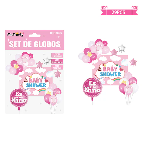 Set de globos látex baby shower rosado con fondo 29pcs