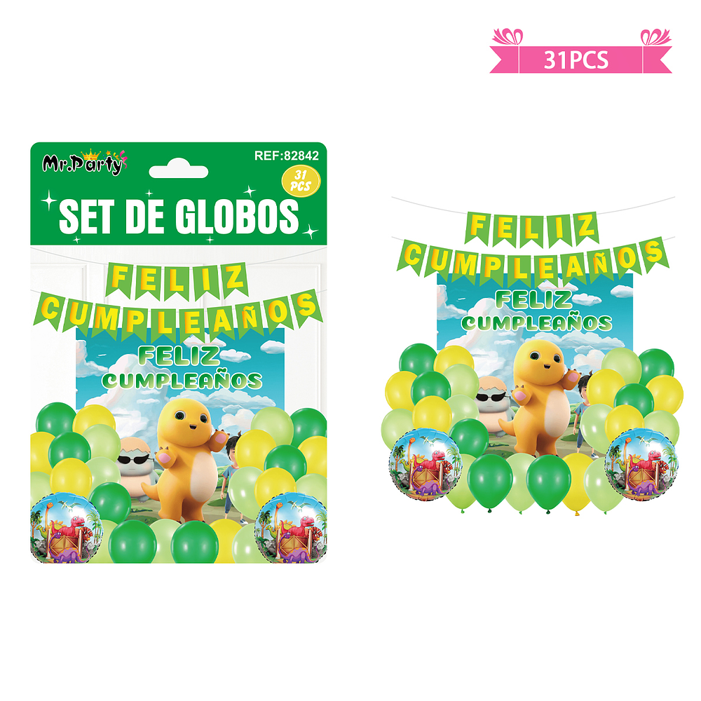 Set de globos látex con fondo de dinosaurios 31pcs