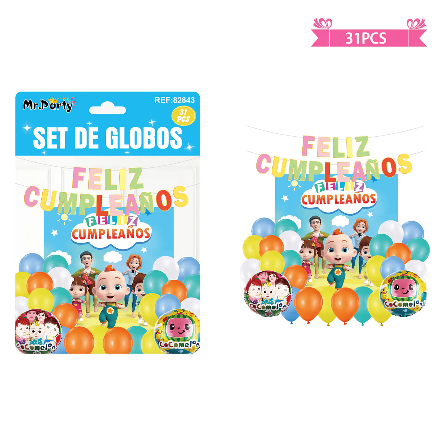 Set de globos látex con fondo de cocomelon 31pcs 1