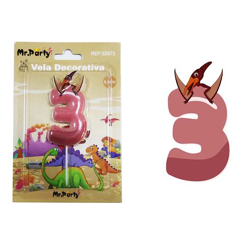 Vela de número 3 con dinosaurio 9.5cm