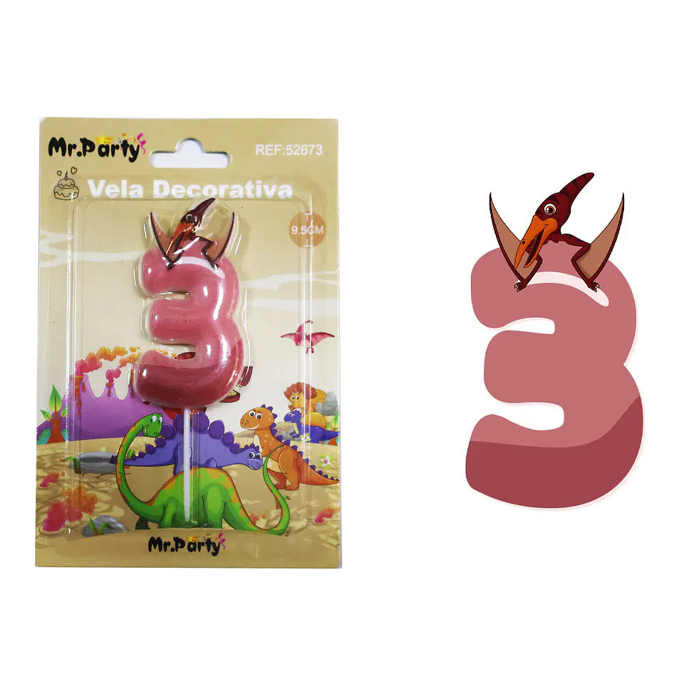 Vela de número 3 con dinosaurio 9.5cm 1
