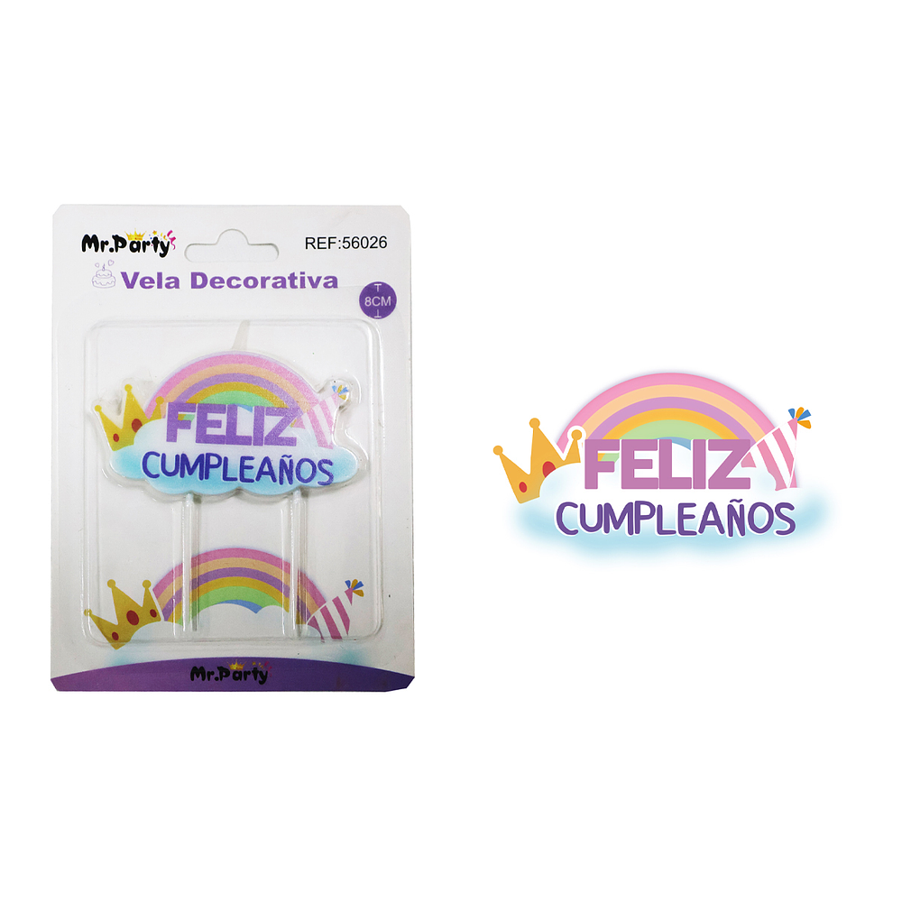 Vela de feliz cumpleaños con arcoíris y corona 8cm