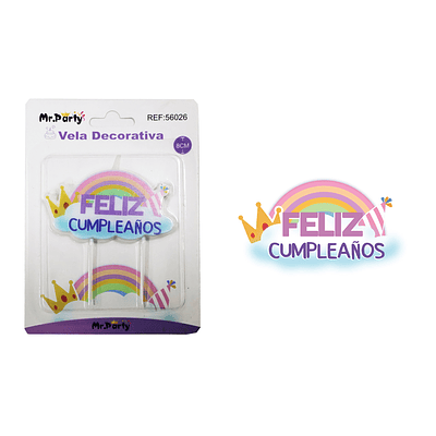 Vela de feliz cumpleaños con arcoíris y corona 8cm