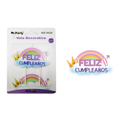 Vela de feliz cumpleaños con arcoíris y corona 8cm