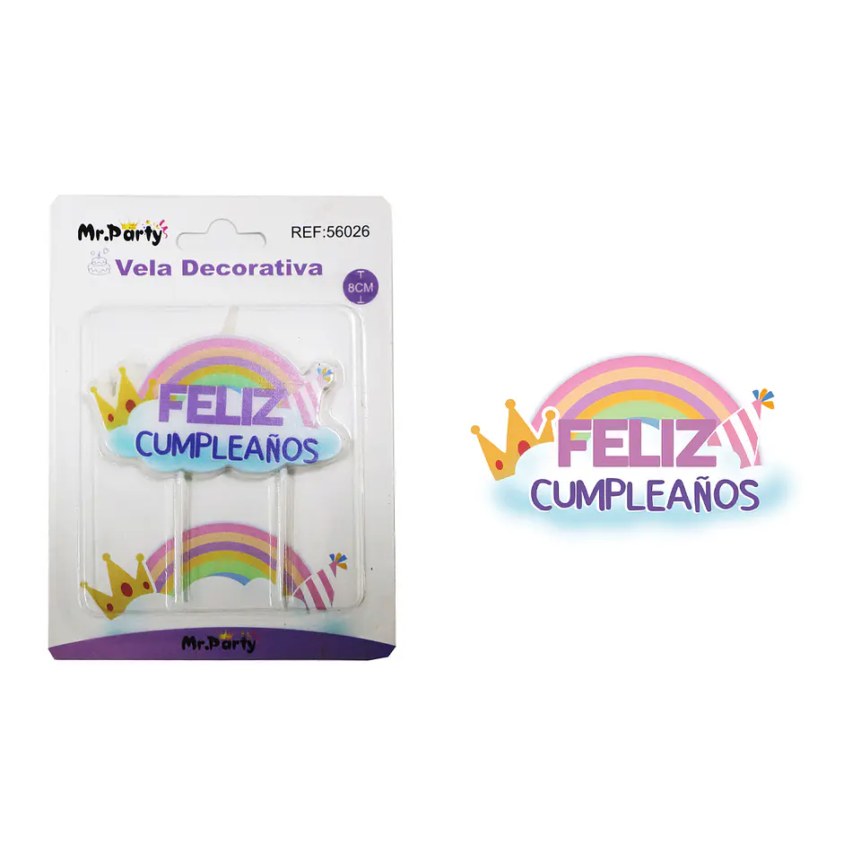 Vela de feliz cumpleaños con arcoíris y corona 8cm 1