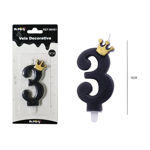 Vela negro de número 3 con corona 9.5cm