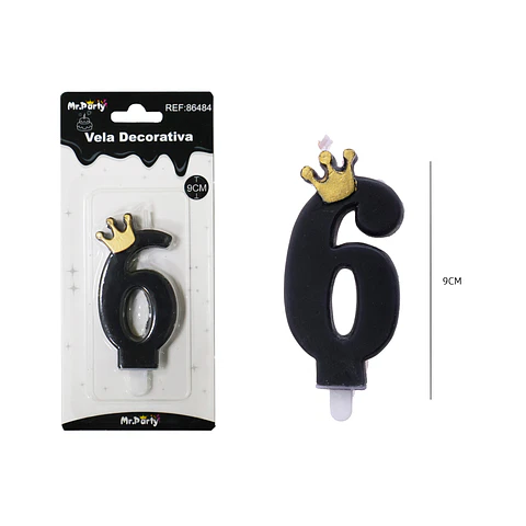 Vela negro de número 6 con corona 9.5cm
