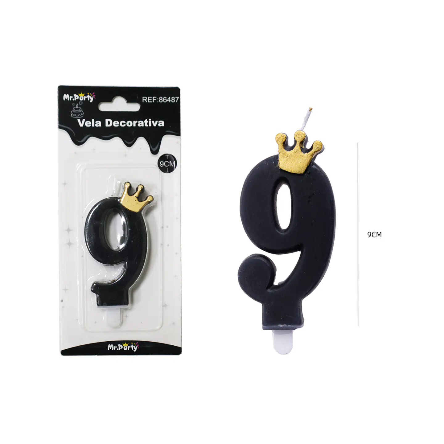 Vela negro de número 9 con corona 9.5cm 1