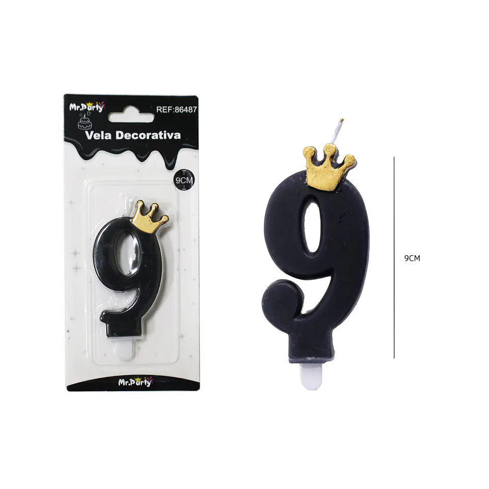 Vela negro de número 9 con corona 9.5cm 1