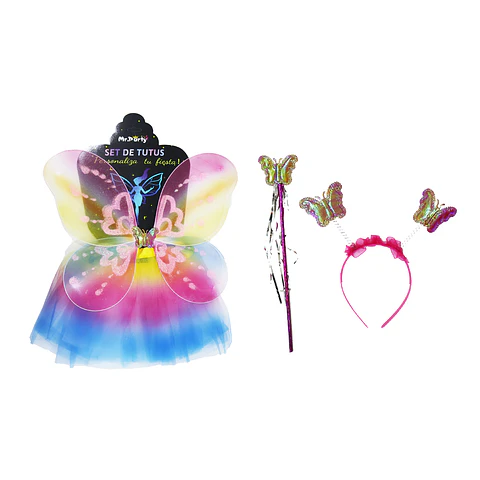 Conjunto de hadas con cintillo, alas, falda y varita arcoíris 4pcs