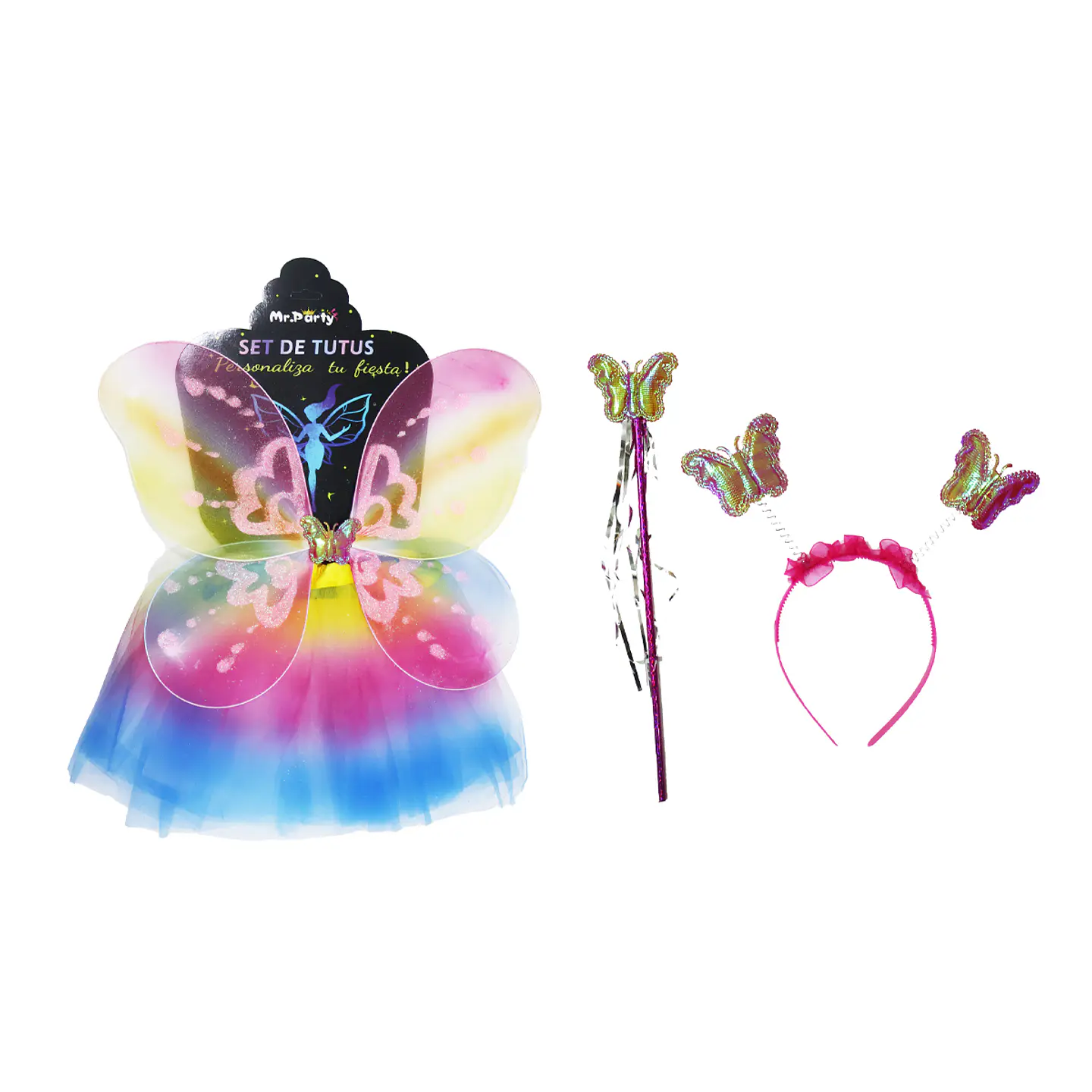 Conjunto de hadas con cintillo, alas, falda y varita arcoíris 4pcs 1
