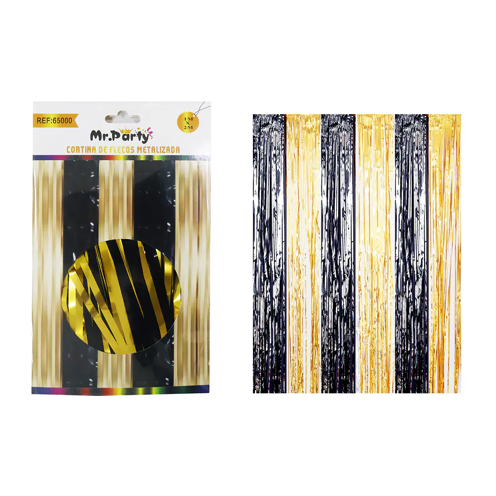 Cortina flecos metalizada negro y dorado 1*2m