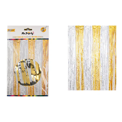 Cortina flecos metalizada plateado y dorado 1*2m