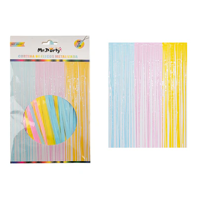 Cortina flecos metalizada rosado, celeste y amarillo 1*2m