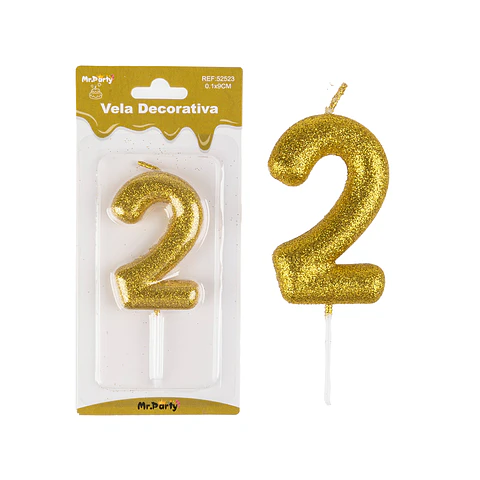 Vela de número 2 dorado metalico brillante 5.5cm