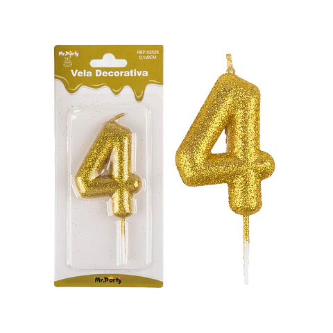 Vela de número 4 dorado metalico brillante 5.5cm