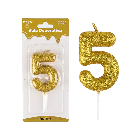 Vela de número 5 dorado metalico brillante 5.5cm