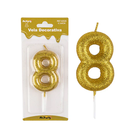 Vela de número 8 dorado metalico brillante 5.5cm