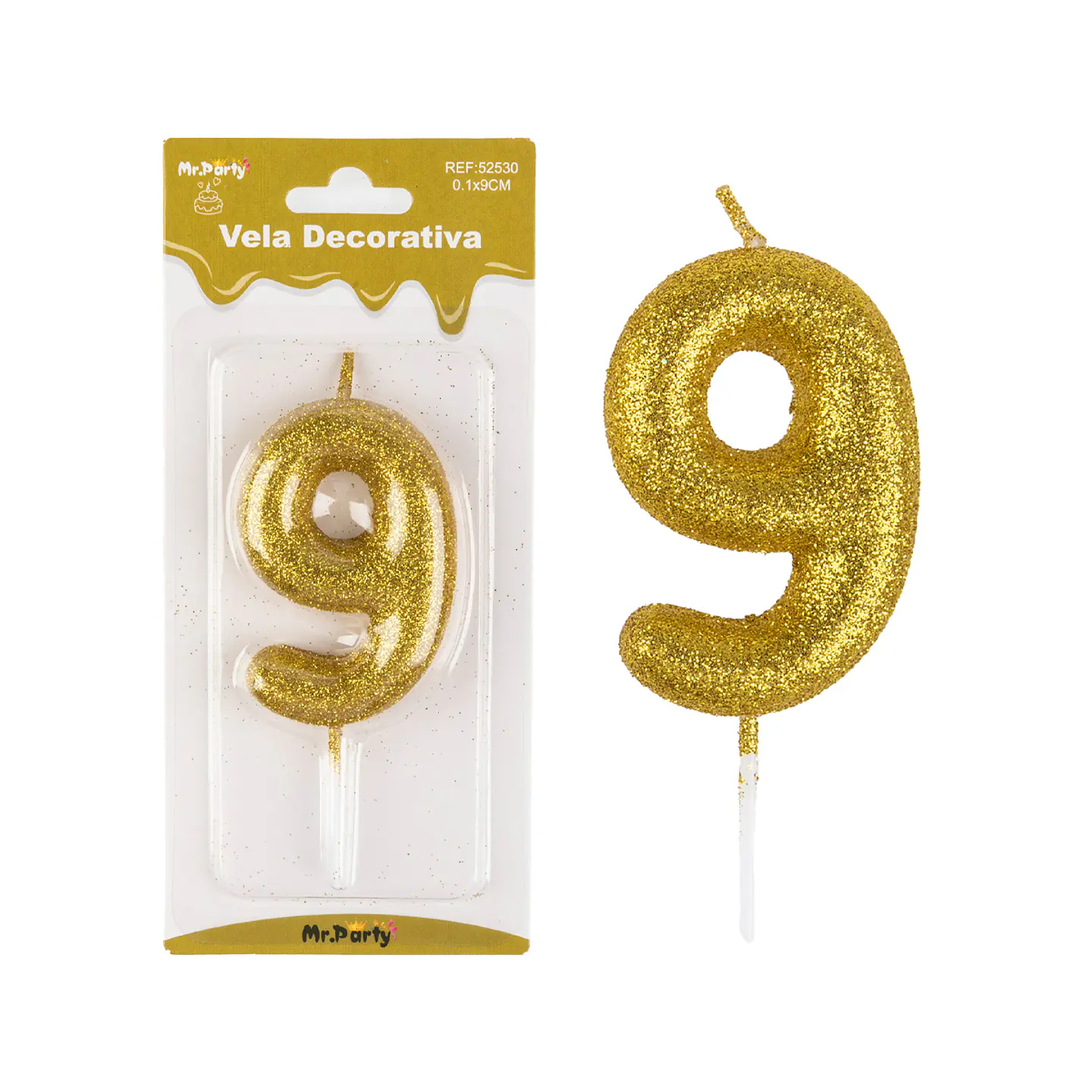 Vela de número 9 dorado metalico brillante 5.5cm 2