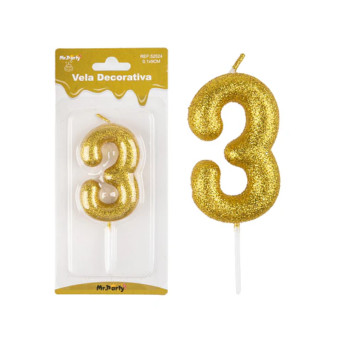 Vela de número 3 dorado metalico brillante 5.5cm