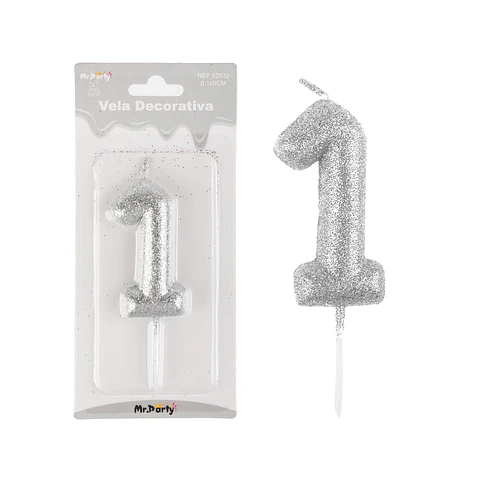 Vela de número 1 plateado metalico brillante 5.5cm