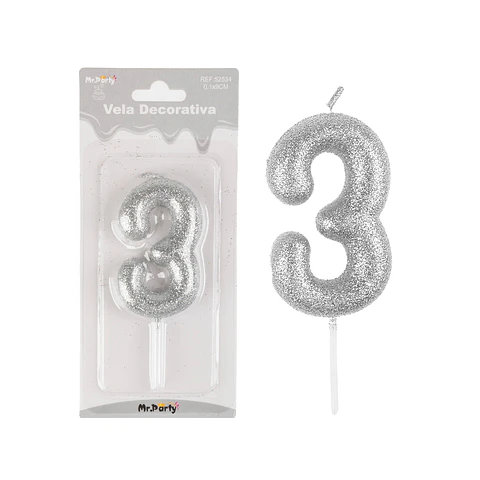 Vela de número 3 plateado metalico brillante 5.5cm