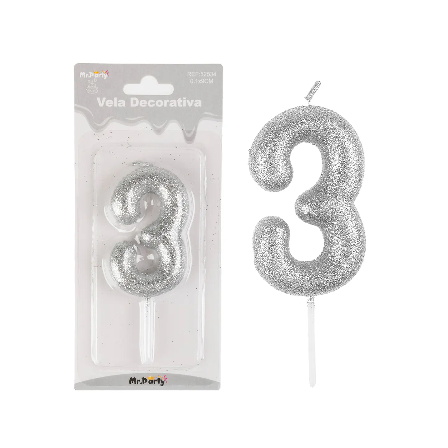 Vela de número 3 plateado metalico brillante 5.5cm 1
