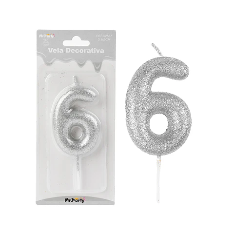 Vela de número 6 plateado metalico brillante 5.5cm