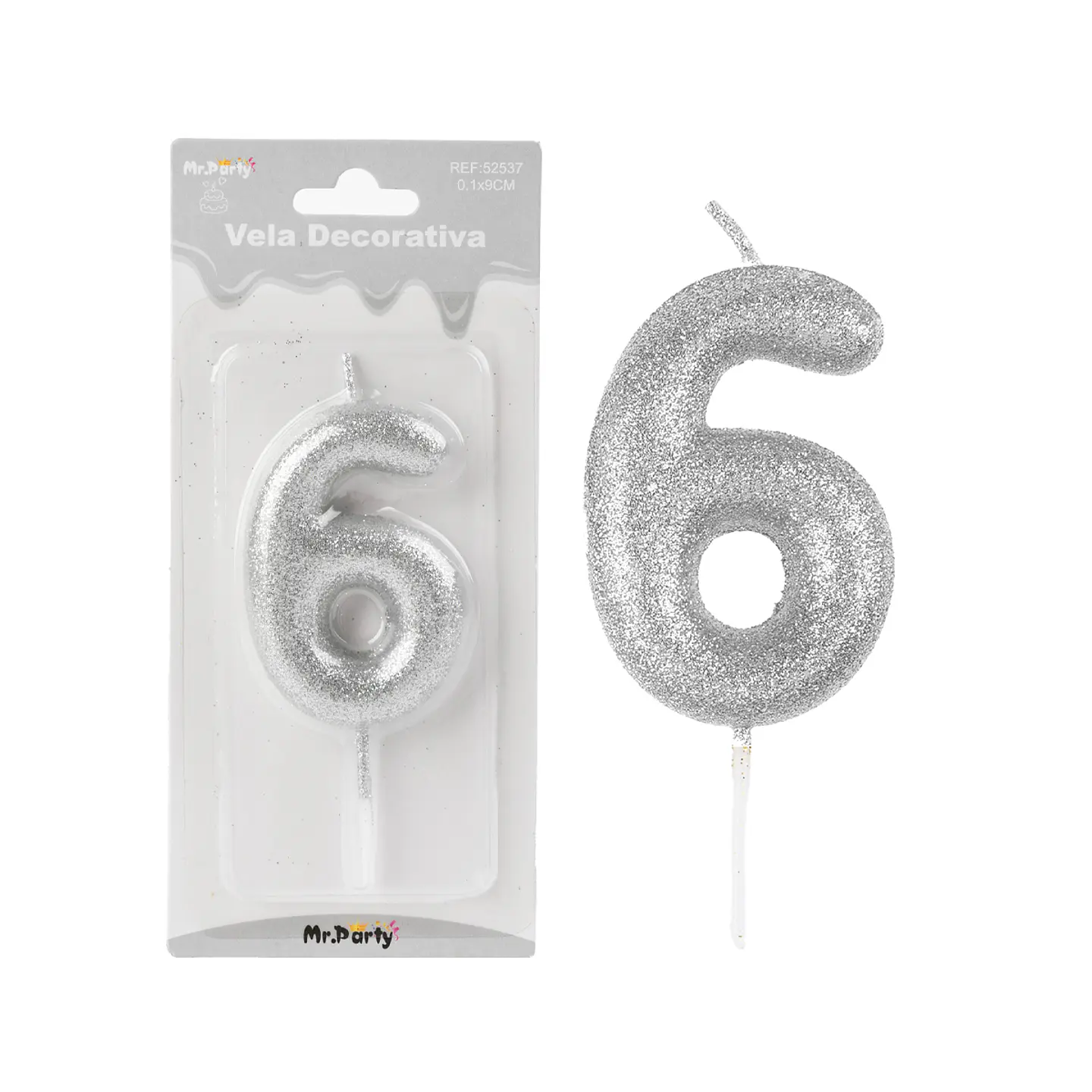 Vela de número 6 plateado metalico brillante 5.5cm 1