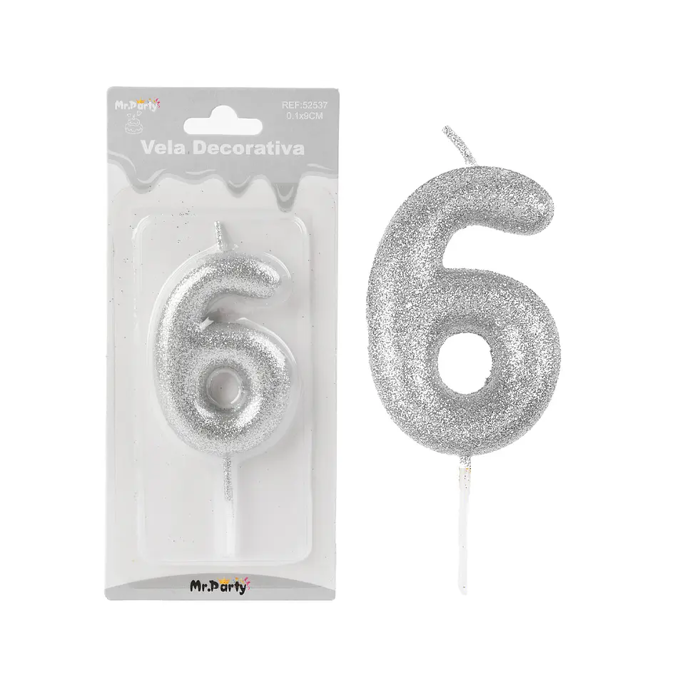 Vela de número 6 plateado metalico brillante 5.5cm 1