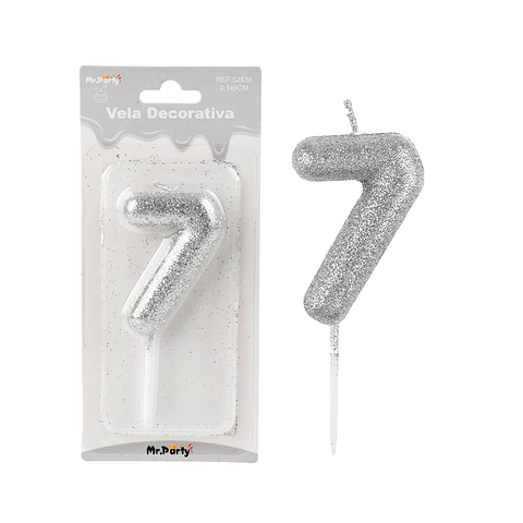 Vela de número 7 plateado metalico brillante 5.5cm