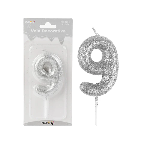 Vela de número 9 plateado metalico brillante 5.5cm