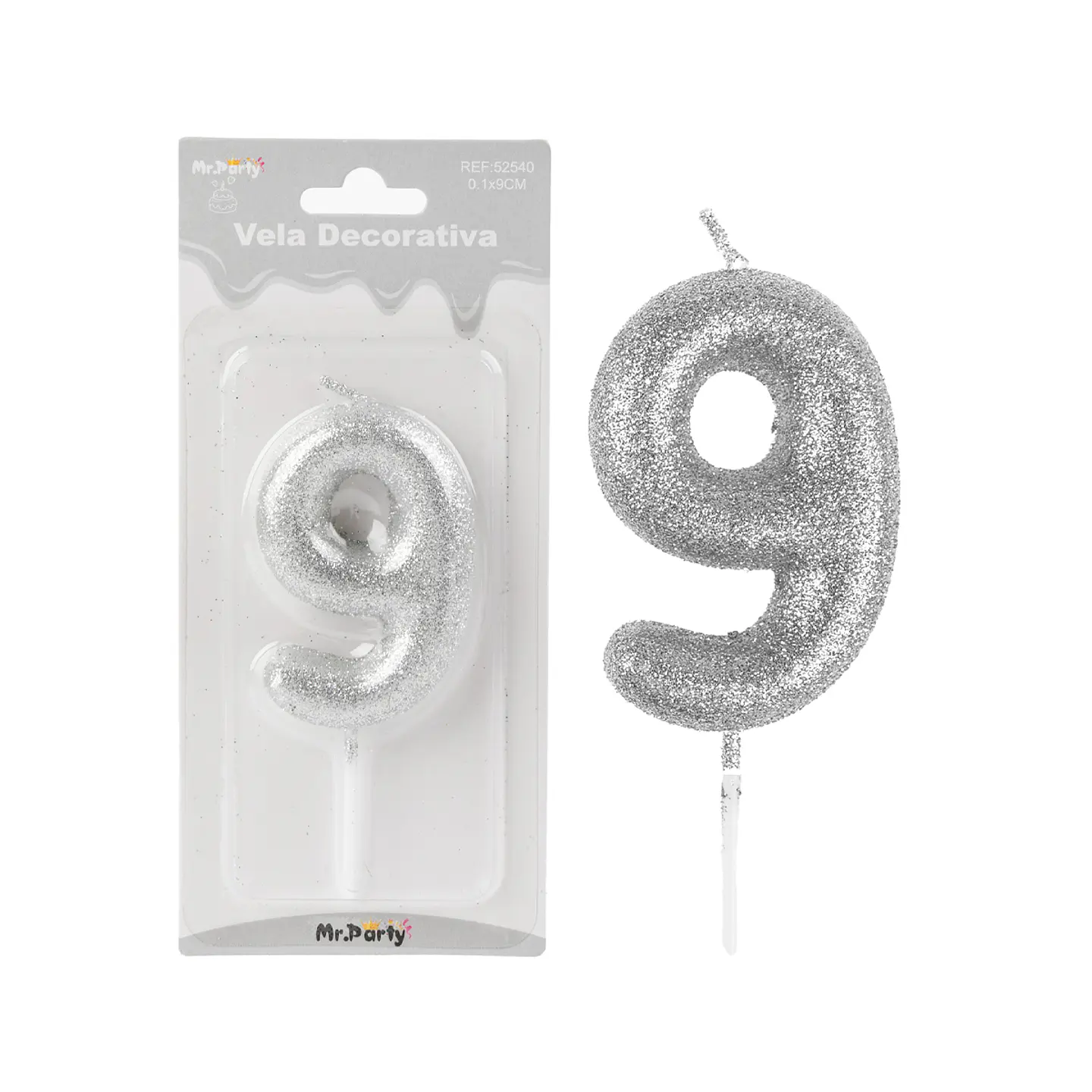 Vela de número 9 plateado metalico brillante 5.5cm 1