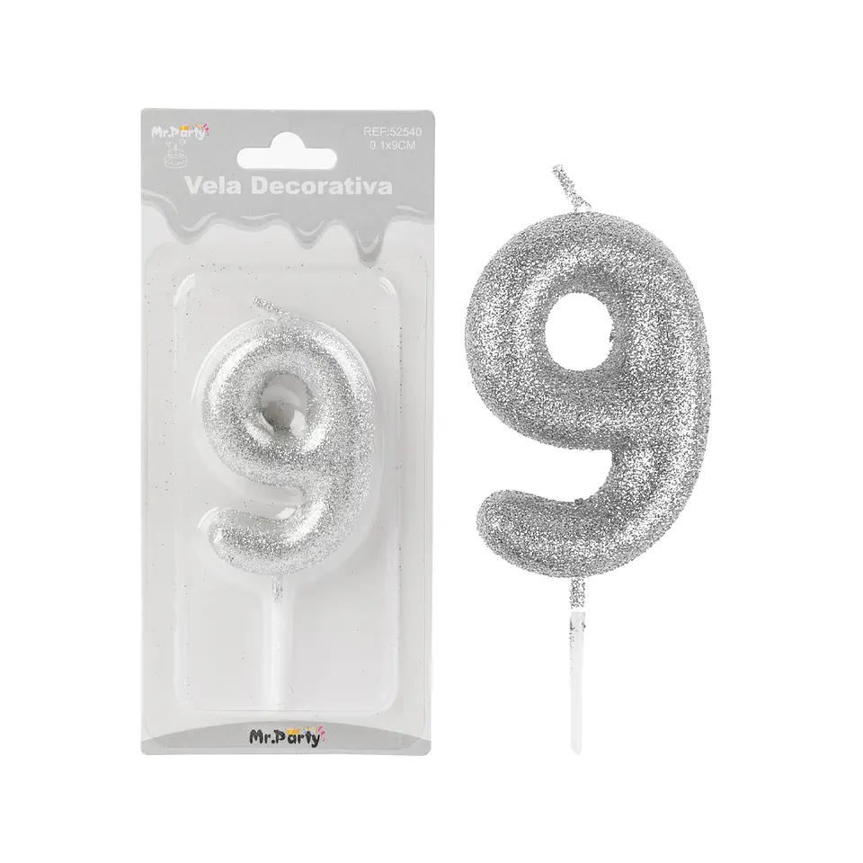 Vela de número 9 plateado metalico brillante 5.5cm 1