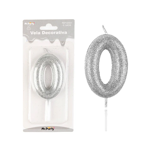 Vela de número 0 plateado metalico brillante 5.5cm