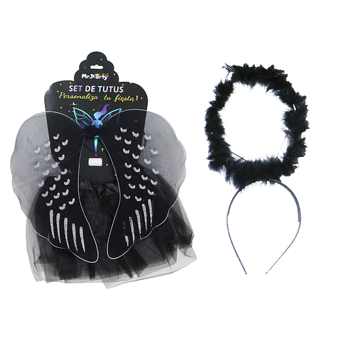 Conjunto de hadas con cintillo, alas y falda negro