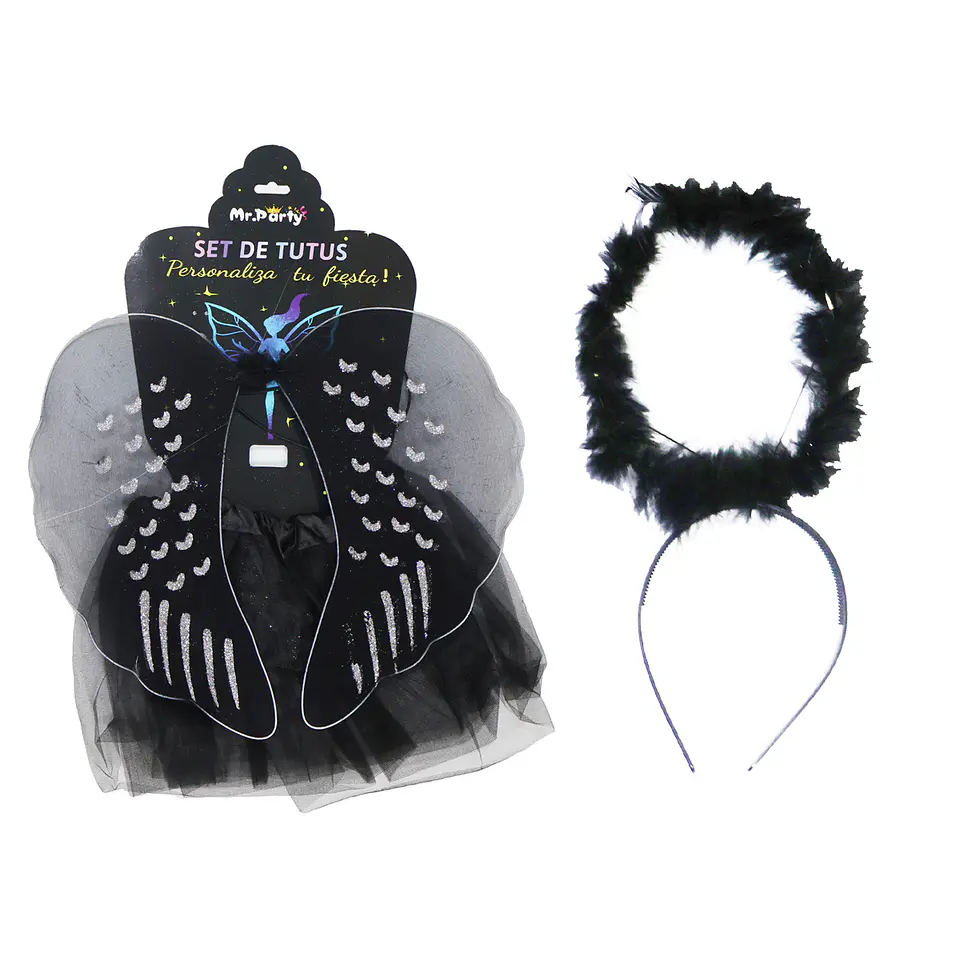 Conjunto de hadas con cintillo, alas y falda negro 1