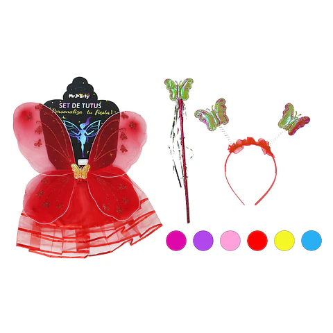 Conjunto de mariposa roja con cintillo, alas, falda y varita 4pcs color aleatorio