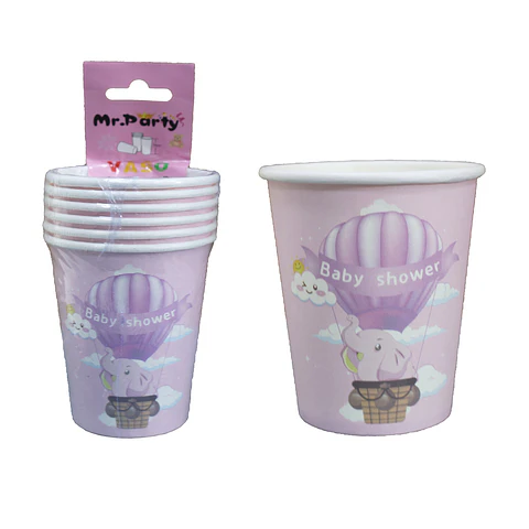 Vasos de cartón para baby shower elefante rosado 6pcs