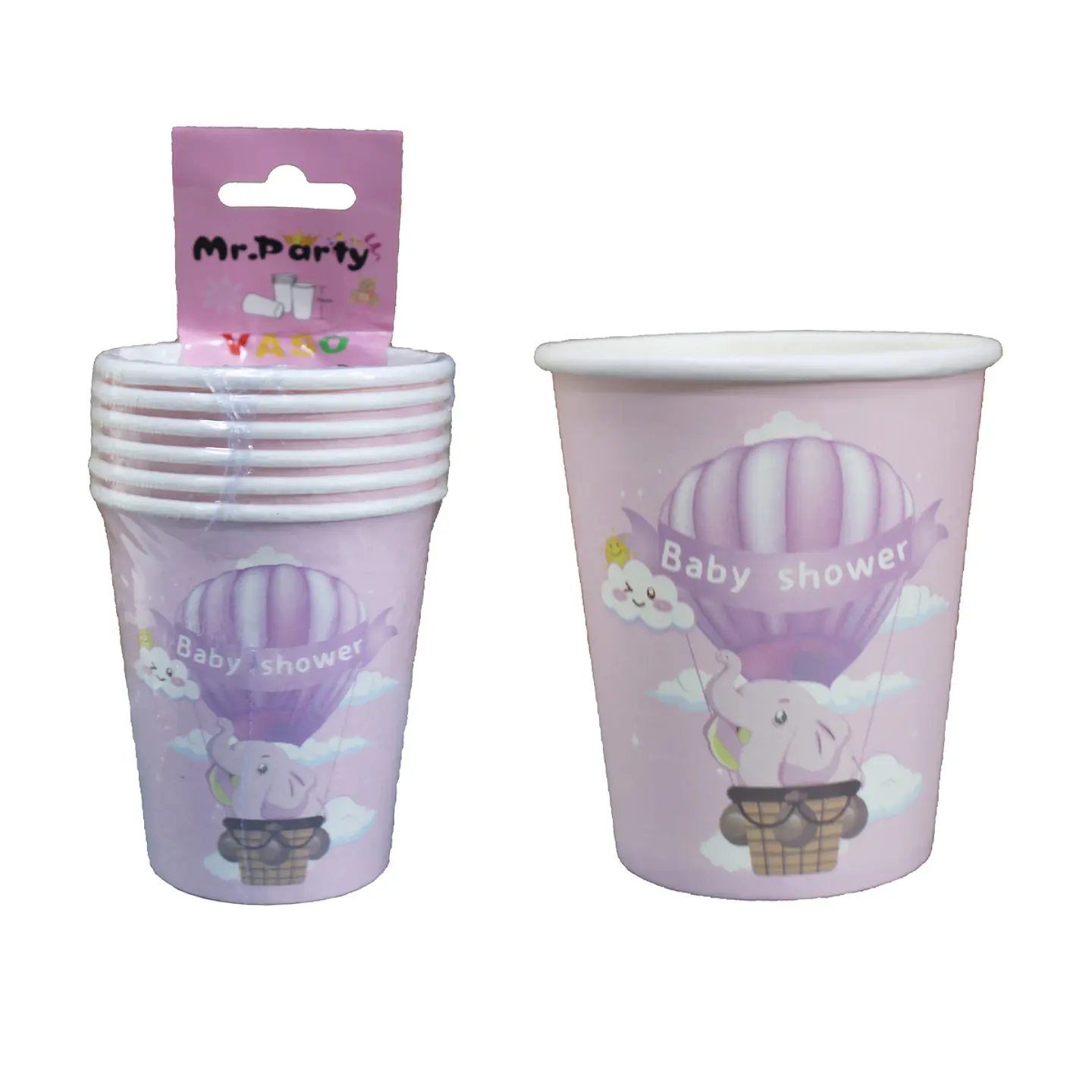 Vasos de cartón para baby shower elefante rosado 6pcs 1