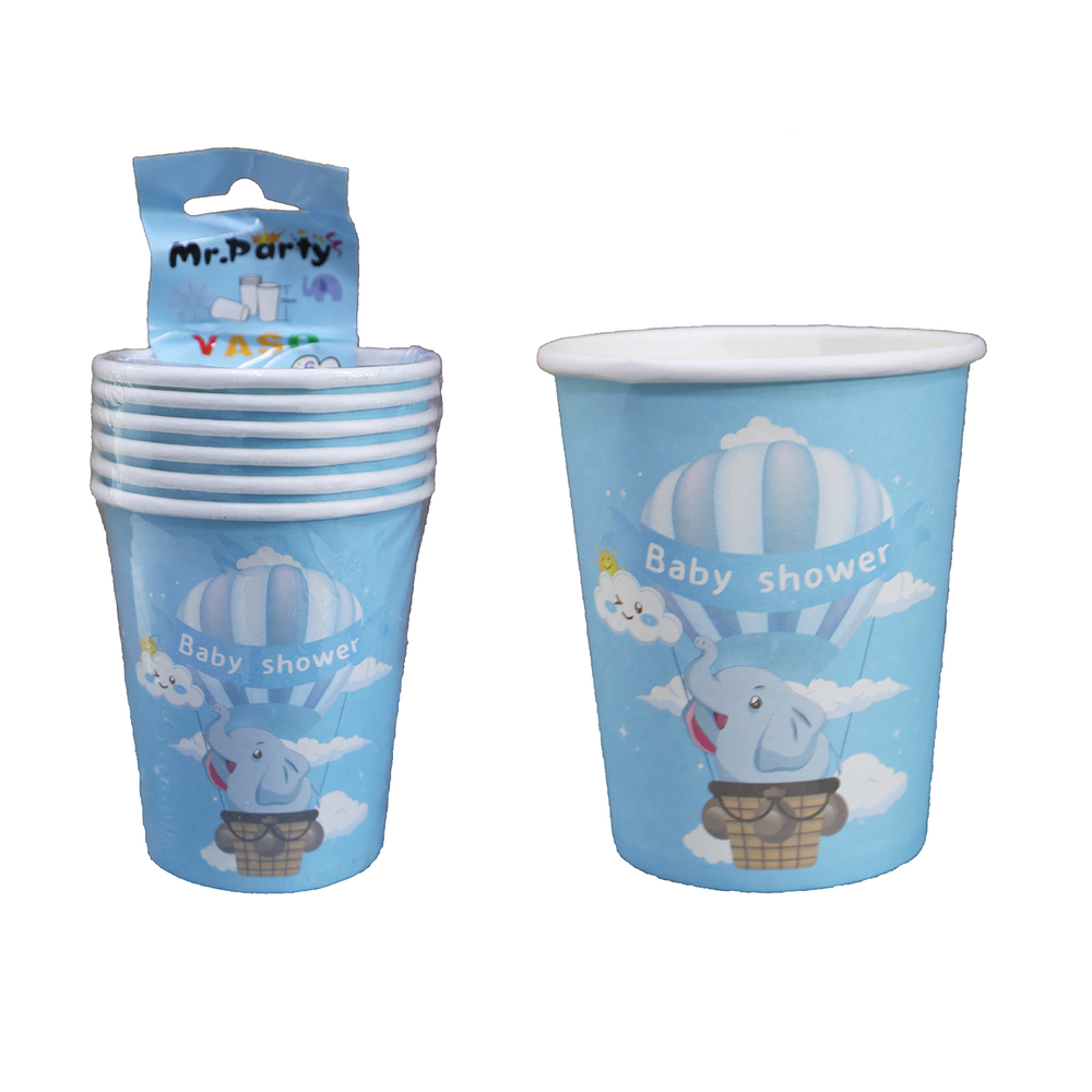 Vasos de cartón para baby shower elefante celeste 6pcs