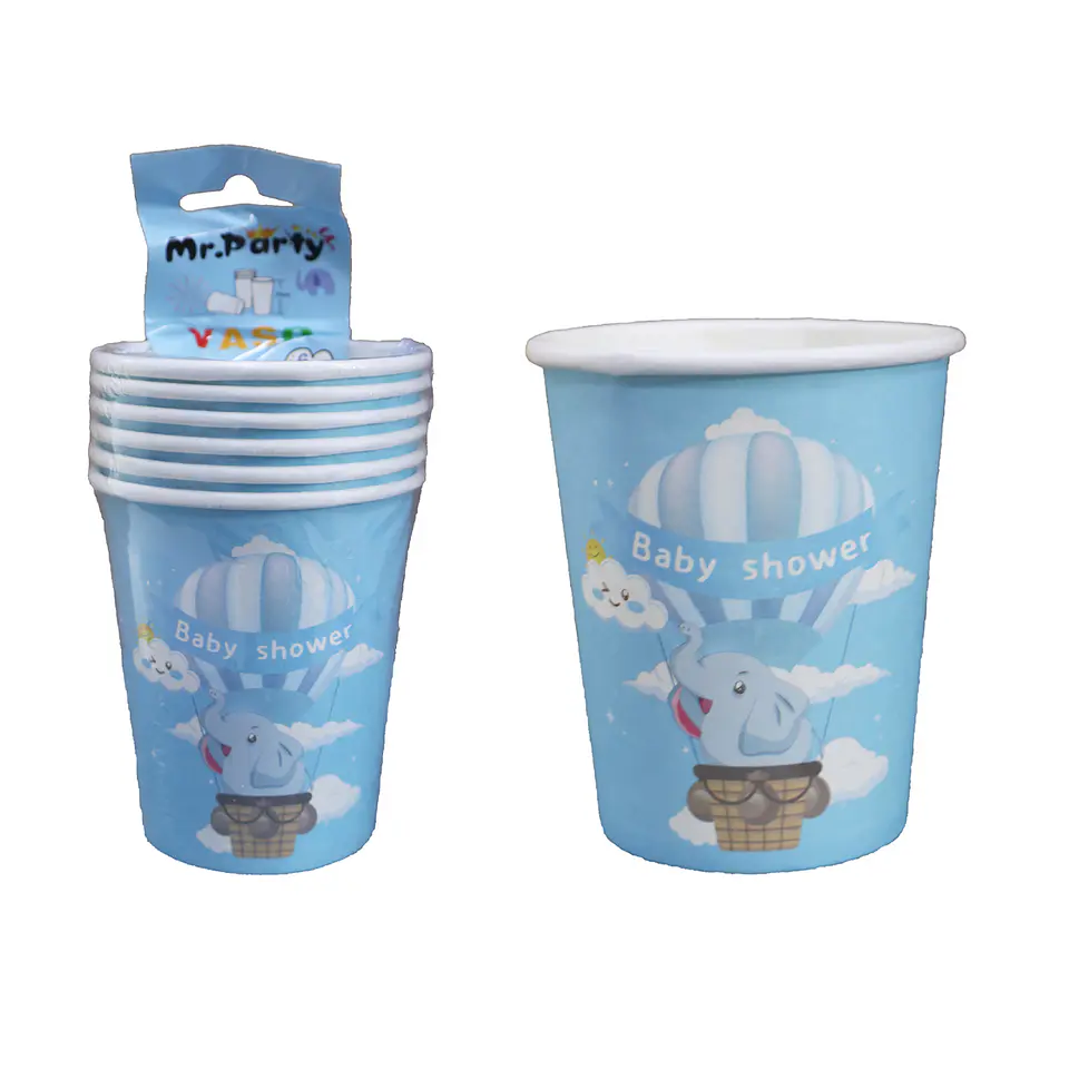 Vasos de cartón para baby shower elefante celeste 6pcs 1