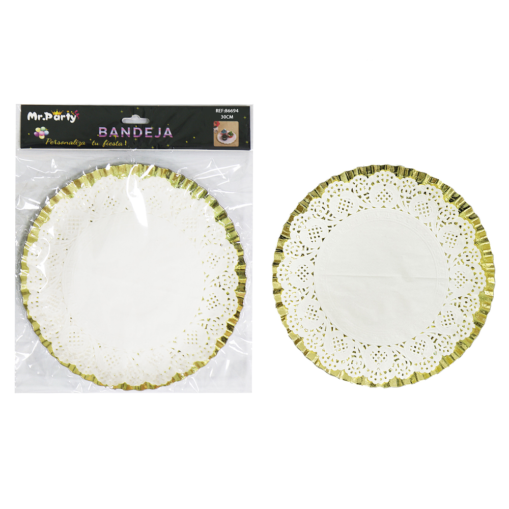 Plato bandeja redonda de cartón de lámina dorada 30cm