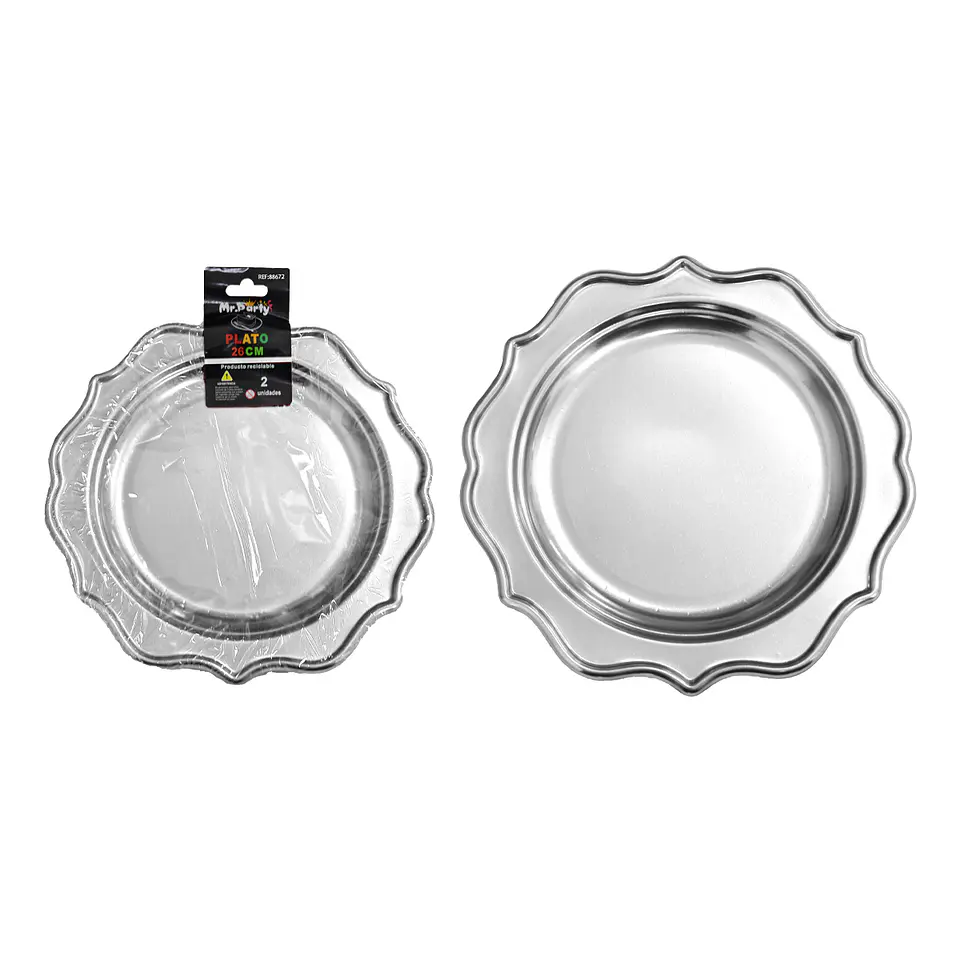 Plato plástico plateado con encaje 26cm 2pcs 1