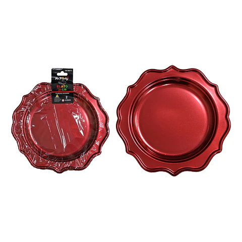 Plato plástico rojo con encaje 26cm 2pcs